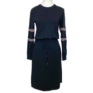 CHEE-CHO BLACK KNIT LONG SLEEVE  DRAWSTRING WAIST STRIPED MIDI DRESS - XS